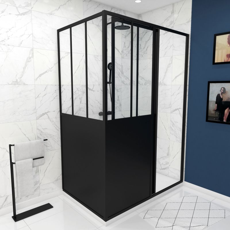 Pack Porte coulissante 140×200 + paroi retour et panneau aluminium composite + receveur 140x80 Aurlane - FAC417