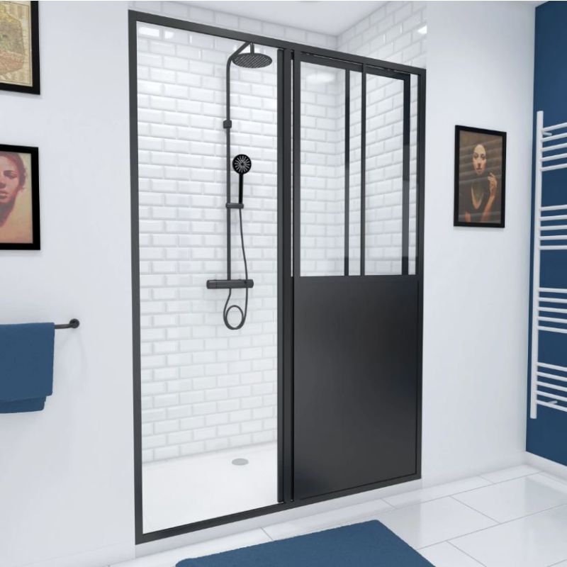 Porte de douche coulissante type Atelier 120x200cm - Profilés Noir Mat - WORKSHOP SLIDE Aurlane - FAC352