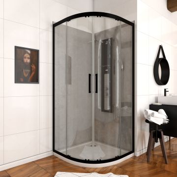 Paroi porte de douche quart de cercle 90x90x200cm - Profilé Noir mat - Verre trempé 6mm Aurlane - FAC282