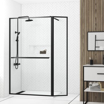 Paroi de douche avec volet pivotant 120+40x200cm - profilé, porte-serviette et étagère noir mat Aurlane - FAC761