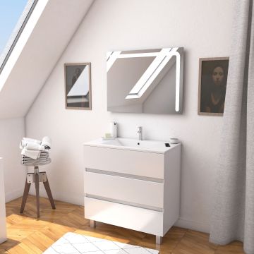 Ensemble meuble de salle de bain blanc 80 cm sur pied 3 tiroirs + vasque ceramique blanche + miroir Aurlane - LAV392