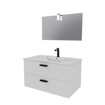 Meuble salle de bains 80 cm 2 tiroirs blanc avec vasque blanche, miroir et applique led - box led Aurlane - LAV526