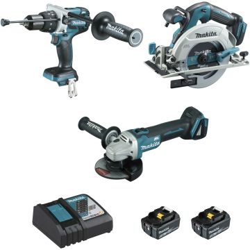 Ensemble de 3 machines 18 v li-ion 5 ah makita perceuse dhp481 + meuleuse dga506 + scie dhs680 - 2 batteries, chargeur, coffret - dlx3095ptj