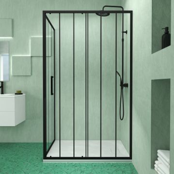 Porte coulissante et retour avec sérigraphie noire 120x80x200cm + receveur en smc blanc effet pierre Aurlane - PACF193