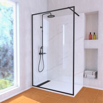 Paroi de douche 120x200 verre 8mm & cadre noir + receveur blanc 80x120 + colonne de douche mécanique Aurlane - PACF314