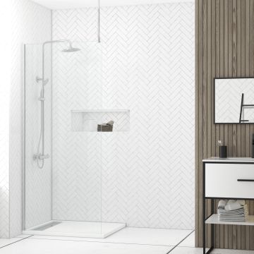 Paroi de douche 90x200cm verre transparent - Profilé + Barre plafond finition chrome - FREEDOM 2 Aurlane - PACF374