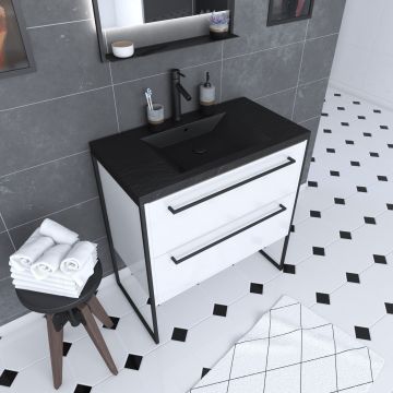 Meuble de salle de bain 80x50cm blanc - 2 tiroirs blanc - vasque résine noire effet pierre - structura p016 Aurlane - PACM016
