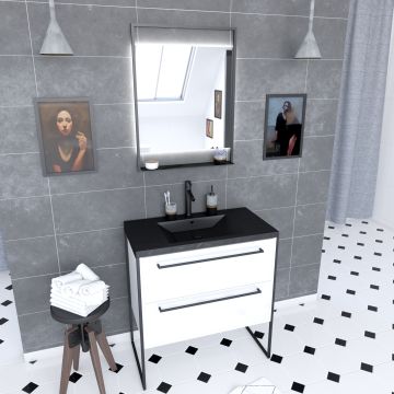 Pack meuble de salle de bain 80x50cm blanc - 2 tiroirs blanc - vasque résine noire effet pierre et miroir led noir mat - structura p017 Aurlane - PACM017