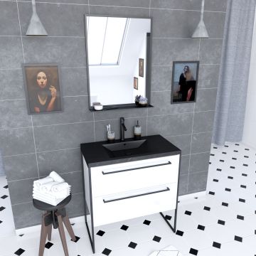 Pack meuble de salle de bain 80x50cm blanc - 2 tiroirs noir - vasque noir effet pierre et miroir noir mat - structura p018 Aurlane - PACM018