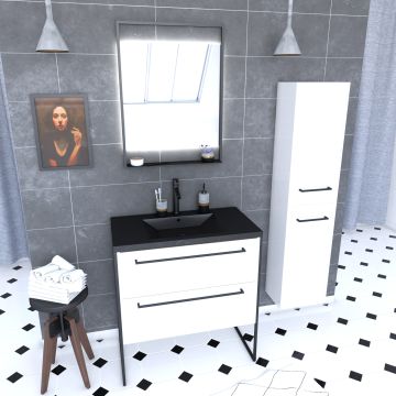 Pack meuble salle de bain + colonne - 80x50 -2 tiroirs noir - vasque noir et miroir led noir mat Aurlane - PACM019