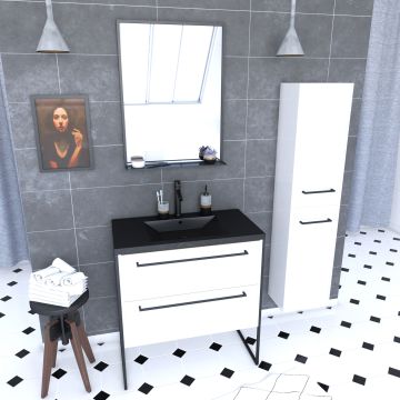 Meuble de salle de bain 80x50 cm - 2 tiroirs blanc - vasque resine noir effet pierre + colonne Aurlane - PACM020