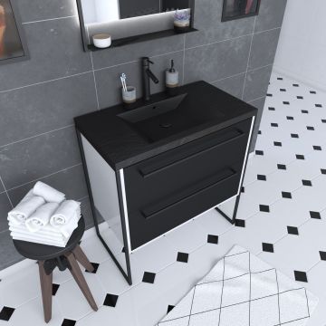Meuble de salle de bain 80x50cm blanc - 2 tiroirs noir mat - vasque résine noire effet pierre - structura p027 Aurlane - PACM027