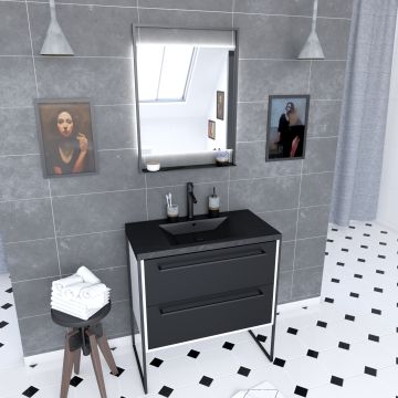 Meuble de salle de bain 80x50cm blanc - 2 tiroirs noir mat - vasque résine noire effet pierre et miroir led noir mat - structura p028 Aurlane - PACM028