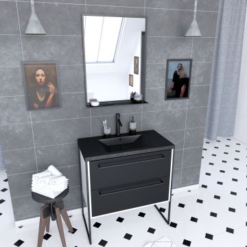 Meuble de salle de bain 80x50cm blanc - 2 tiroirs noir mat - vasque résine noire effet pierre et miroir noir mat - structura p029 Aurlane - PACM029
