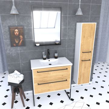 Pack meuble de salle de bain 80x50 cm - 2 tiroirs - vasque blanche + miroir noir mat led + colonne Aurlane - PACM035
