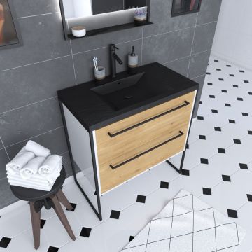 Meuble de salle de bain 80x50 cm + 2 tiroirs chêne naturel + vasque résine noir effet pierre Aurlane - PACM038