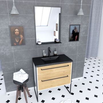 Meuble de salle de bain 80x50 cm + 2 tiroirs chêne naturel + vasque noir effet pierre + miroir noir Aurlane - PACM040