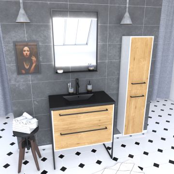 Meuble de salle de bain 80x50 cm - 2 tiroirs chêne naturel + vasque noir + miroir + colonne Aurlane - PACM041