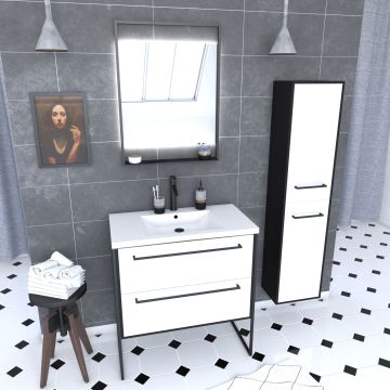 Ensemble de salle de bain blanc 80cm+ vasque résine blanche + tiroirs blanc mat + miroir + colonne Aurlane - PACM046