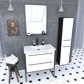 Ensemble de salle de bain 80 cm blanc finition noir + vasque blanche+ miroir + colonne de rangement Aurlane - PACM047