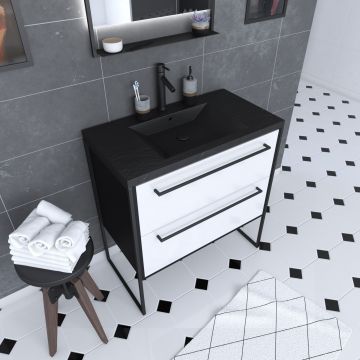 Meuble de salle de bain 80x50cm noir mat - 2 tiroirs blanc - vasque résine noire effet pierre - structura p049 Aurlane - PACM049