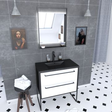 Pack meuble de salle de bain 80x50cm noir mat - 2 tiroirs blanc - vasque résine noire effet pierre et miroir led noir mat - structura p050 Aurlane - PACM050