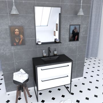 Pack meuble de salle de bain 80x50cm noir mat - 2 tiroirs blanc - vasque résine noire effet pierre et miroir noir mat - structura p051 Aurlane - PACM051