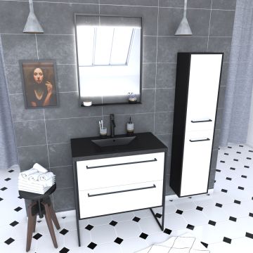 Meuble salle de bains 80 cm, vasque noire, miroir led et colonne - noir et blanc - structura Aurlane - PACM052