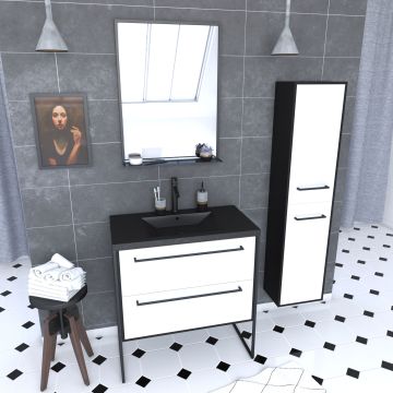 Pack meuble de salle de bain 80x50 cm - 2 tiroirs blanc - vasque noir - miroir - colonne suspendu Aurlane - PACM053