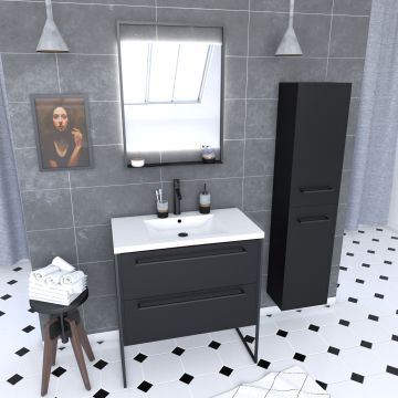 Meuble salle de bains 80 cm, vasque blanche, miroir led et colonne - noir - structura Aurlane - PACM057