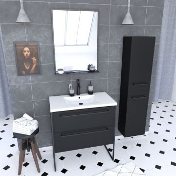 Pack meuble de salle de bain 80x50 cm blanc - 2 tiroirs - vasque blanche - miroir - colonne suspendu Aurlane - PACM058