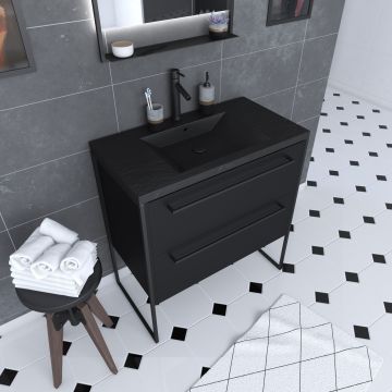 Meuble de salle de bain 80x50cm noir mat - 2 tiroirs noir mat - vasque résine noire effet pierre - structura p060 Aurlane - PACM060
