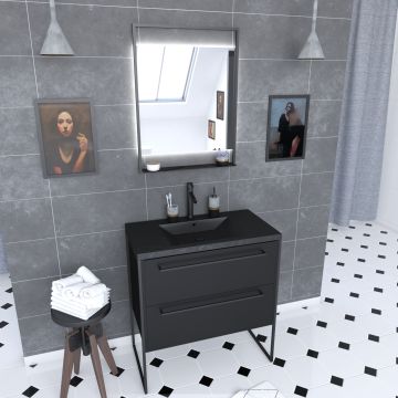 Meuble de salle de bain 80x50cm noir mat - 2 tiroirs noir mat - vasque résine noire effet pierre et miroir led noir mat - structura p061 Aurlane - PACM061