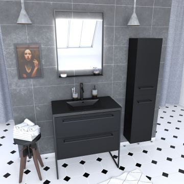 Meuble salle de bains 80 cm, vasque noire, miroir led et colonne - noir - structura Aurlane - PACM063