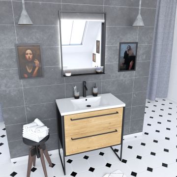 Meuble salle de bains 80 cm, vasque résine blanche, miroir led - finition chêne et noir - structura Aurlane - PACM066