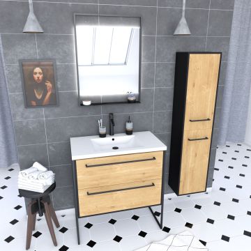 Meuble salle de bains 80 cm, vasque blanche, miroir led et colonne - chêne et noir - structura Aurlane - PACM068