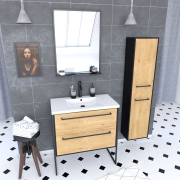 Meuble salle de bains 80 cm, vasque blanche, miroir et colonne - chêne et noir - structura Aurlane - PACM069
