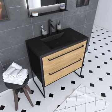 Meuble de salle de bain 80x50cm noir mat - 2 tiroirs chêne brun - vasque résine noire effet pierre - structura p071 Aurlane - PACM071