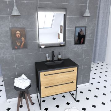 Pack meuble de salle de bain 80x50 cm Noir mat - 2 tiroirs - Vasque noir effet pierre - miroir LED - STRUCTURA Aurlane - PACM072