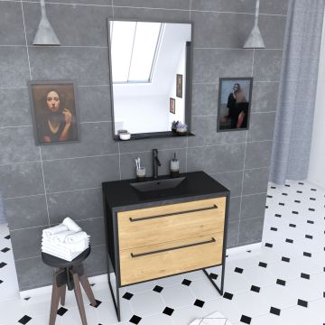 Meuble de salle de bain 80x50cm noir mat - 2 tiroirs chêne brun - vasque résine noire effet pierre et miroir noir mat - structura p073 Aurlane - PACM073