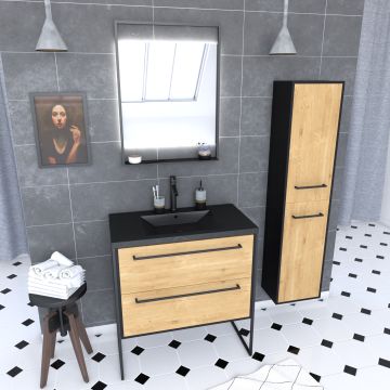 Ensemble meuble de salle de bain blanc 80cm + vasque noir effet pierre + miroir led + colonne Aurlane - PACM074