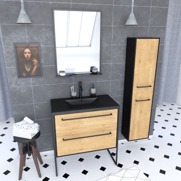 Ensemble meuble de salle de bain blanc 80cm + vasque noir effet pierre + miroir + colonne rangement Aurlane - PACM075