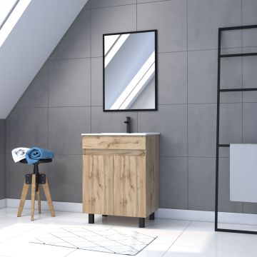 Meuble salle de bain 60x80cm - finition chêne naturel + vasque blanche + miroir - timber 60 - pack03 Aurlane - PACM213