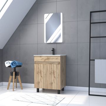 Meuble salle de bain 60x80 - finition chene naturel - vasque blanche + miroir led - timber 60 - pack04 Aurlane - PACM214