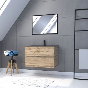 Meuble de salle de bain 80x54cm - finition chene naturel + vasque noire + miroir - timber 80 - pack11 Aurlane - PACM221