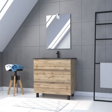 Meuble salle de bain 80x60 - finition chene naturel + vasque noire + miroir led - timber 80 - pack43 Aurlane - PACM253