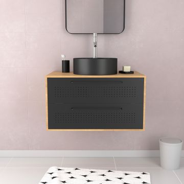 Meuble de salle de bain - 80x45x53cm finition chêne naturel + 2 tiroirs noir mat + vasque noir mat Aurlane - PACM259