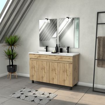 Meuble salle de bains 120cm 4 portes chêne industriel + vasque blanche et miroirs avec appliques led Aurlane - PACM302