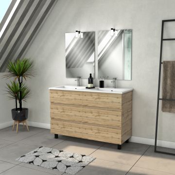 Meuble salle de bains 120cm 6 tiroirs chêne industriel + vasque blanche et miroirs avec appliques led - TIMBER Aurlane - PACM304
