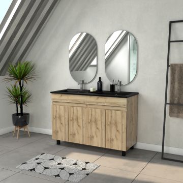 Meuble salle de bains 120cm 4 portes chêne industriel + vasque noire et miroirs ovales Aurlane - PACM308